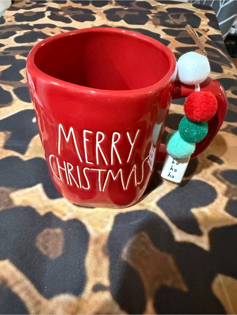 Rae Dunn Red "Merry Christmas" Ceramic Mug with Festive Pom Pom Ornament